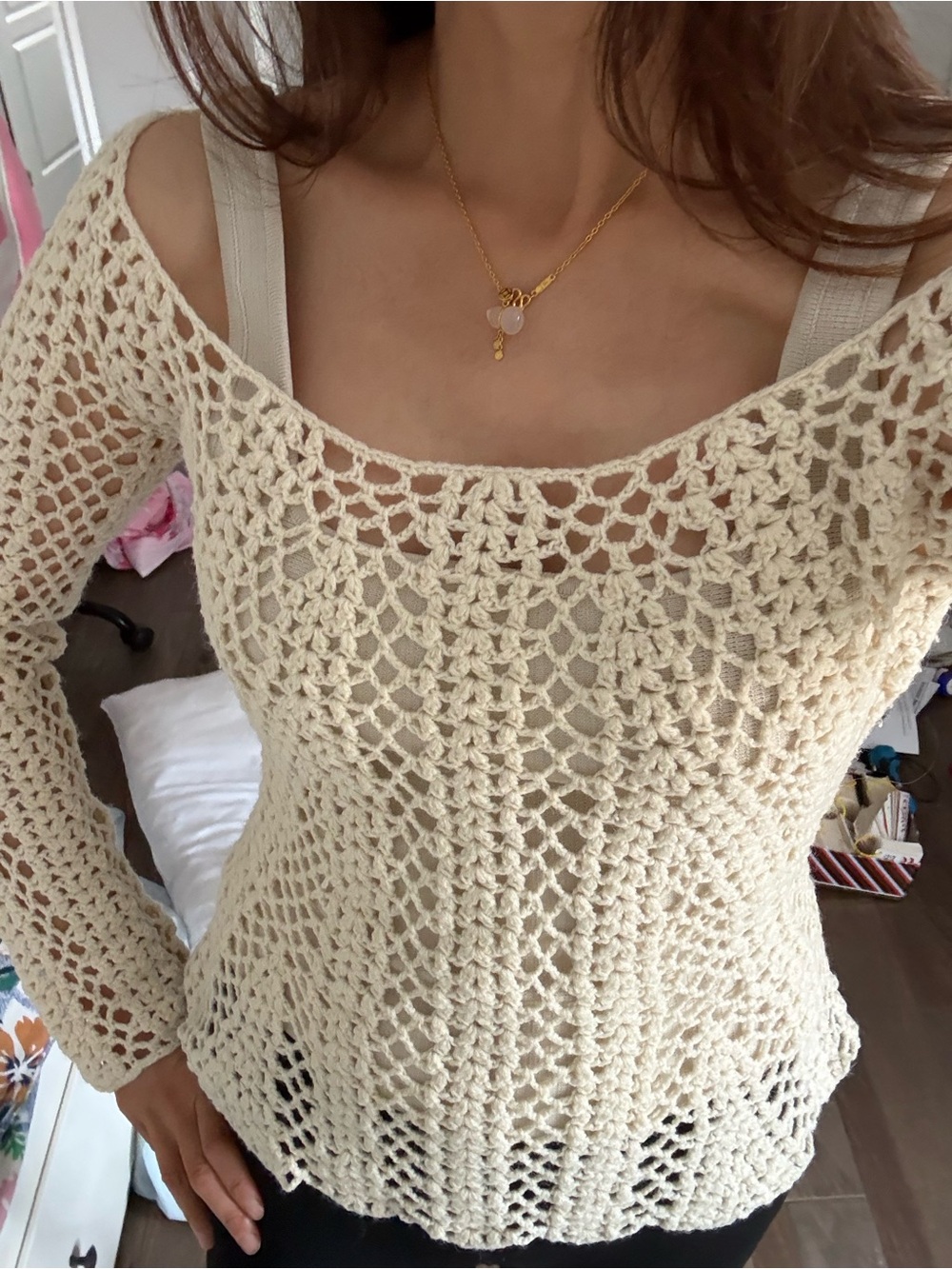 Diamond Supply Co. Cream Crochet Off-Shoulder Sweater